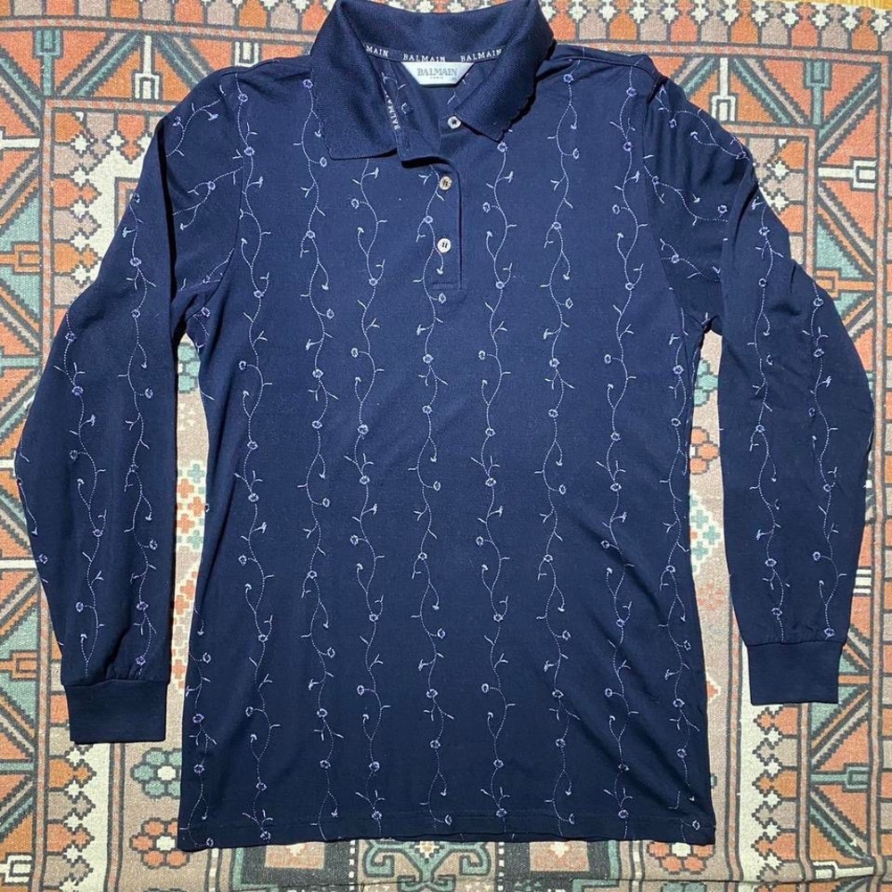 Balmain Paris floral embroidered mesh collared long sleeve top